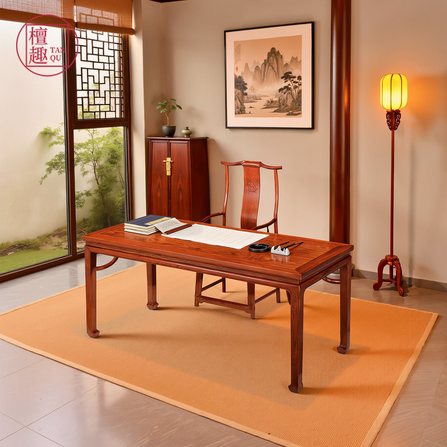 檀趣缅甸花梨木清风霸王枨画案大果紫檀明式红木办公桌家用工作台