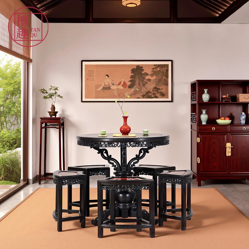 檀趣国标红木家具紫光檀嵌奥氏黄檀百灵台餐桌中式圆桌餐厅圆台