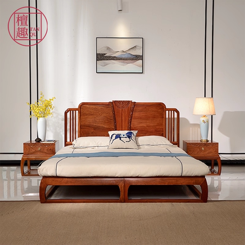 檀趣国标红木比翼双飞双人床缅甸花梨实木传统中式主卧1.8m婚床