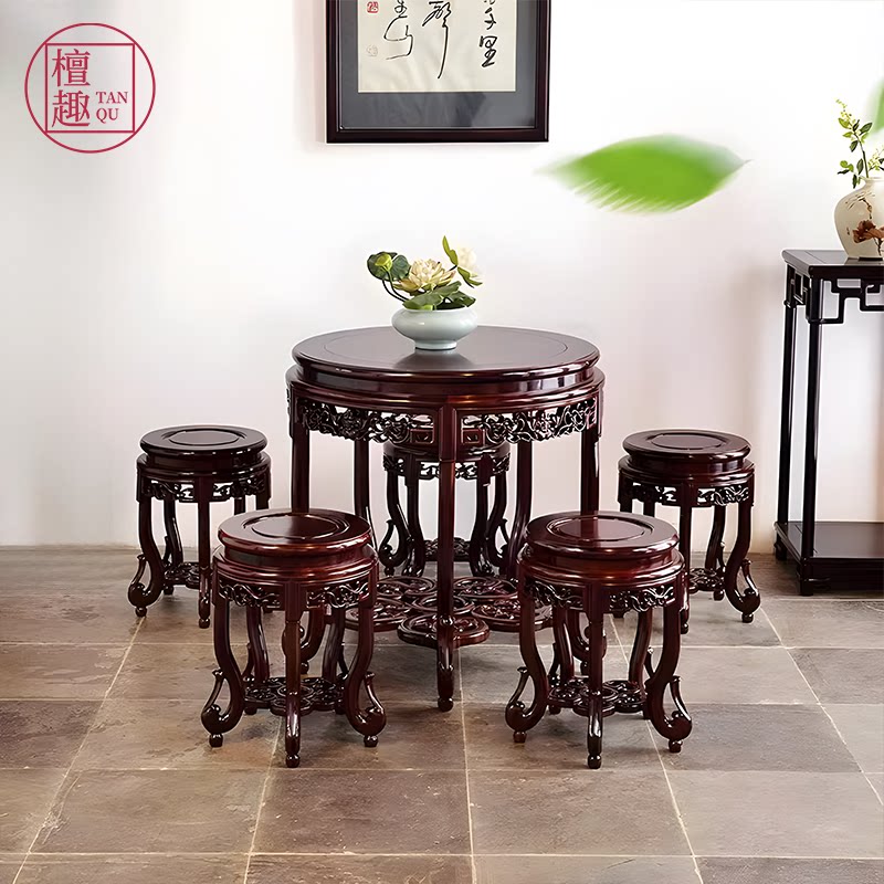 巴里黄檀龙纹圆桌酸枝木中式