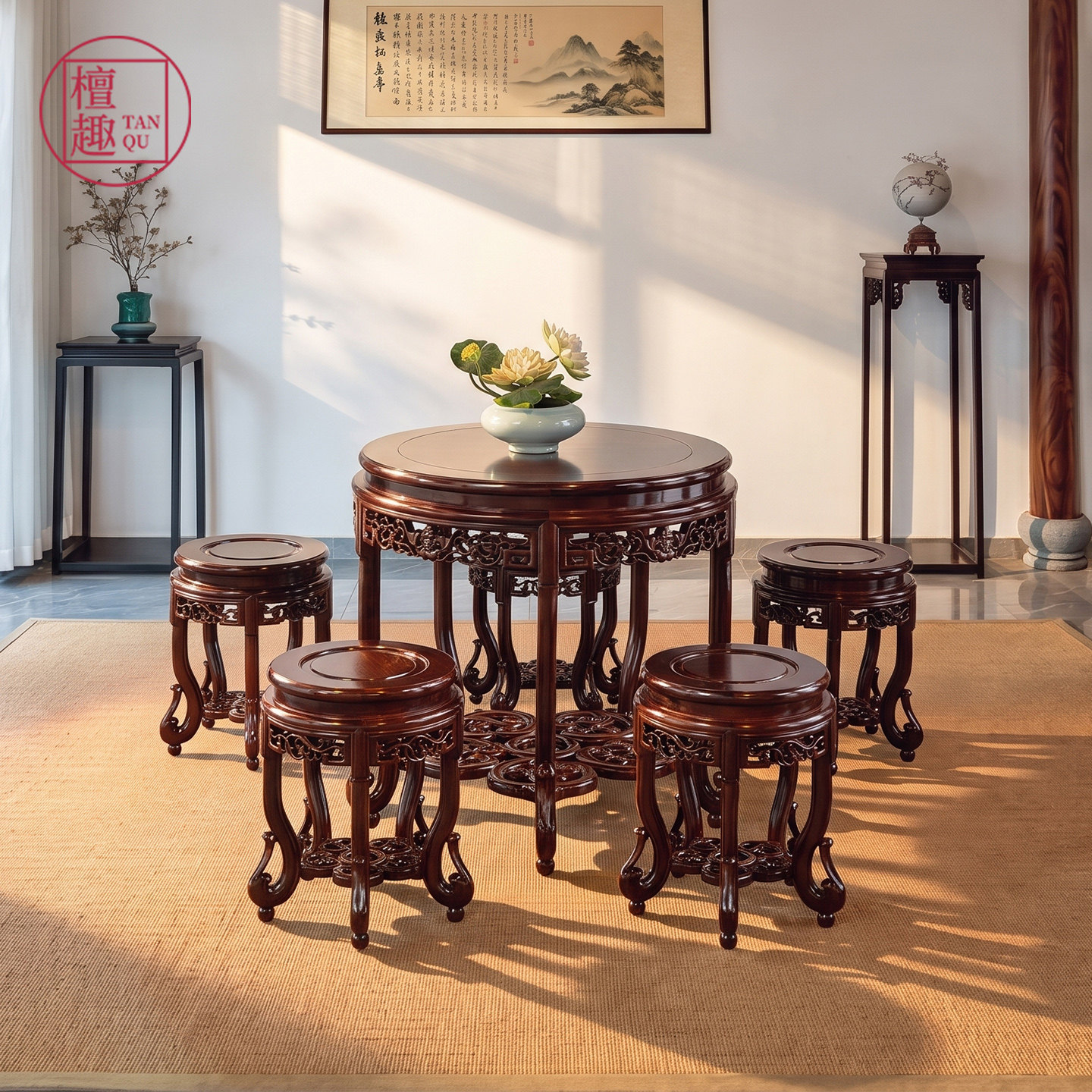 巴里黄檀龙纹圆桌酸枝木中式