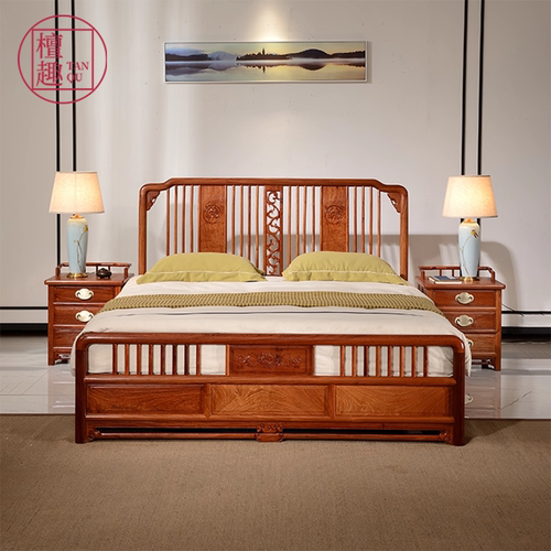 檀趣国标红木笔杆双人床缅甸花梨木床1.8m仿古中式实木主卧婚床