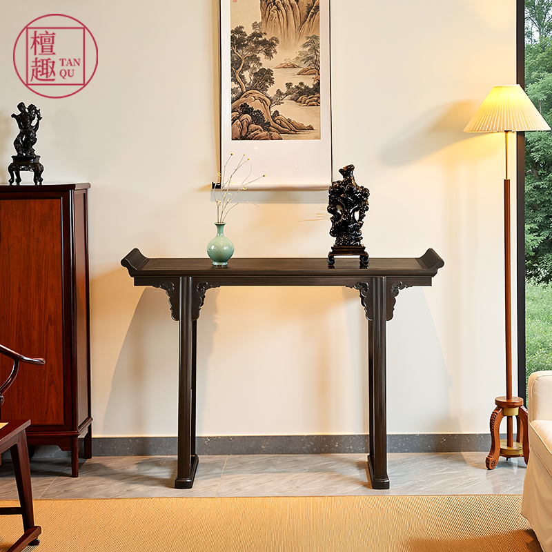 檀趣【紫光檀专卖】如意云纹翘头案明式东非黑黄檀条案红木玄关桌