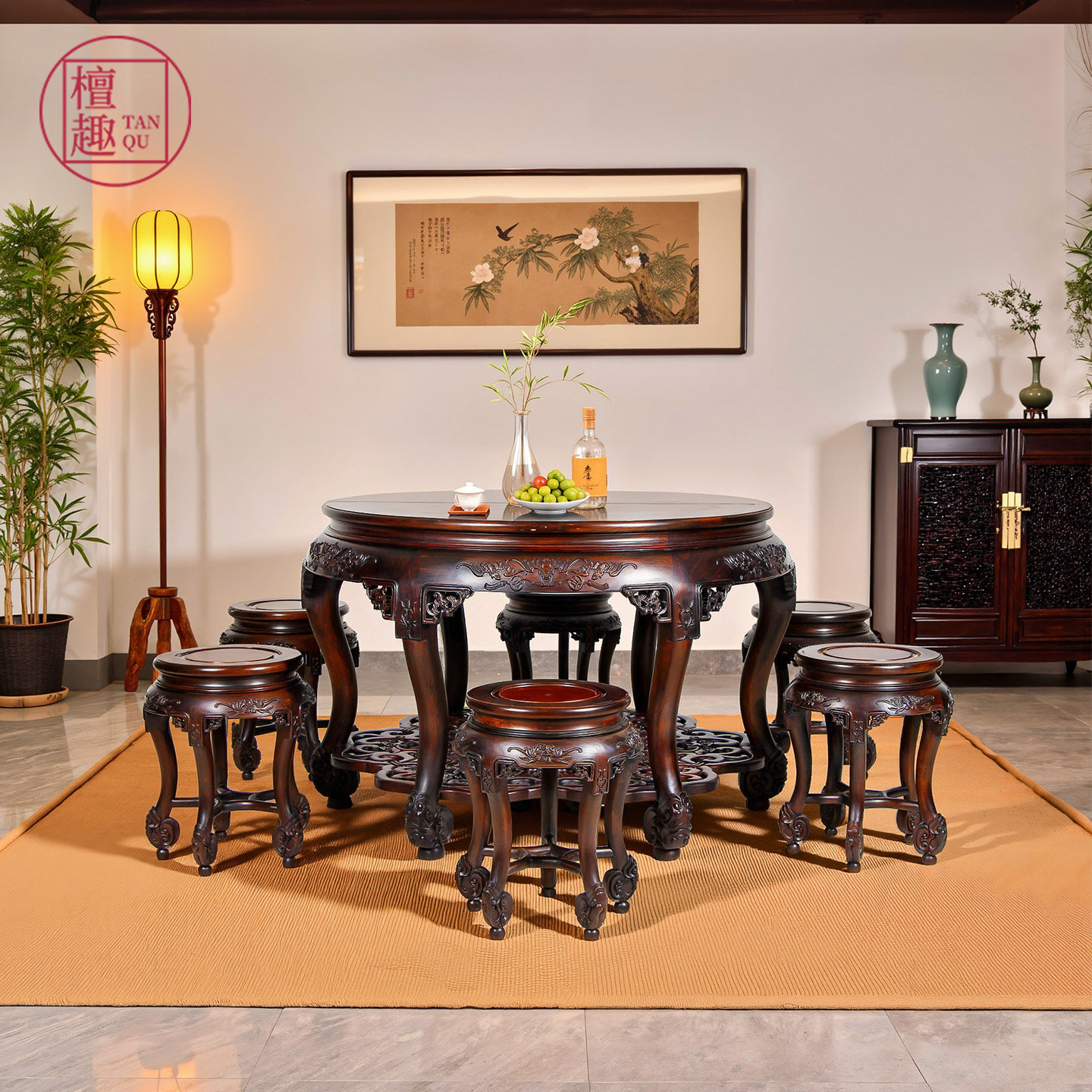 檀趣国标红木家具大红酸枝福禄寿拼圆桌餐桌凳组合中式餐厅圆台