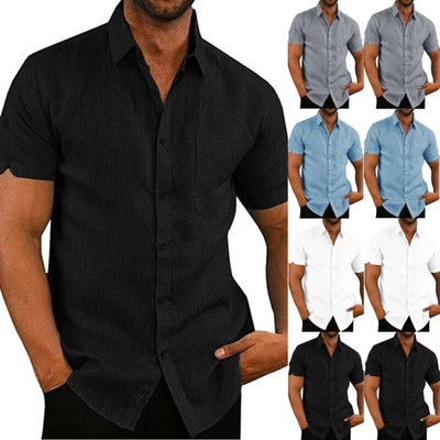 Mens Linen Blouse Short Sleeve Baggy Buttons Summer Shirts T