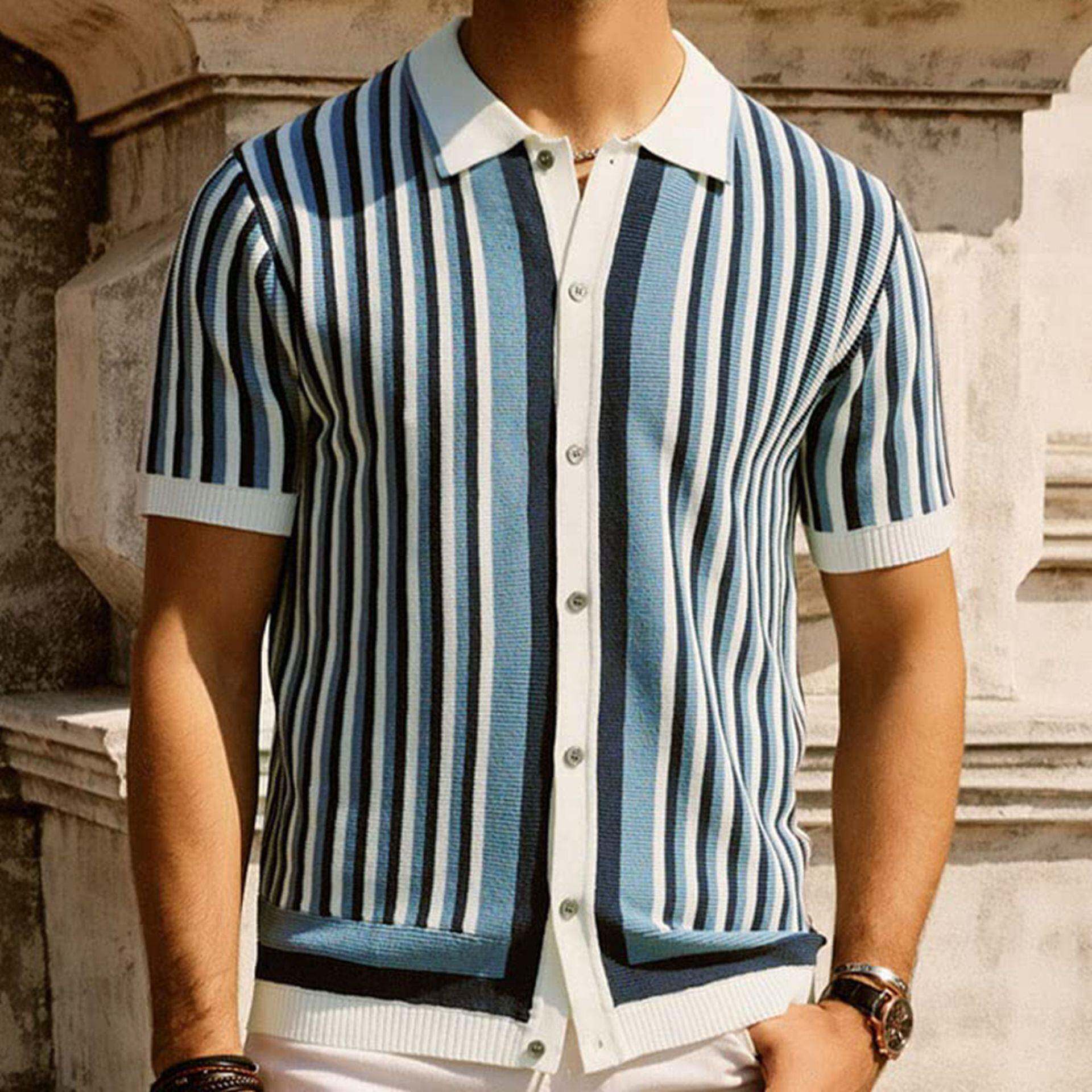 2025欧美男士条纹针织衫冰爽丝针织商务休闲Polo衫Men's T-Shirt1