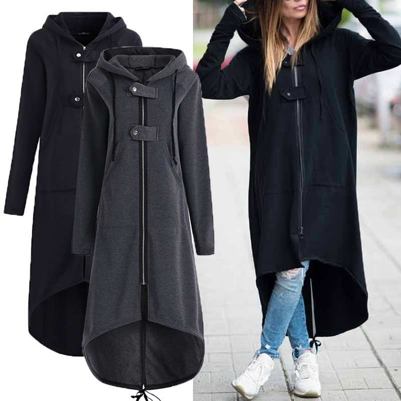 2019新款ebay亚马逊wish抓绒卫衣连帽外套拉链长款风衣S-5XL