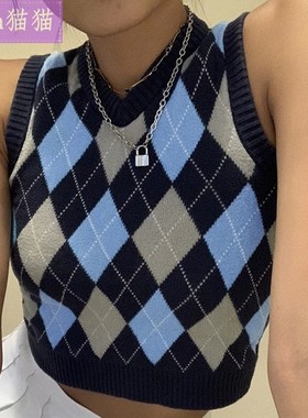 New solid color plaid V-neck knitted vest women's clothi