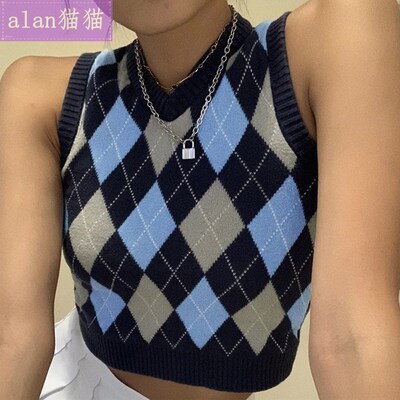 New solid color plaid V-neck knitted vest women's clothi
