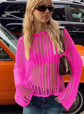 欧美时尚针织镂空网衣罩衫套头上衣女 knit pullover smock top