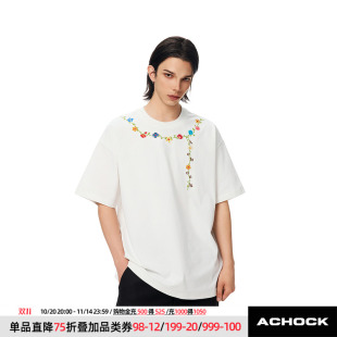 潮牌街头美式 T恤男女新款 花朵项链刺绣短袖 上衣 Achock官方店