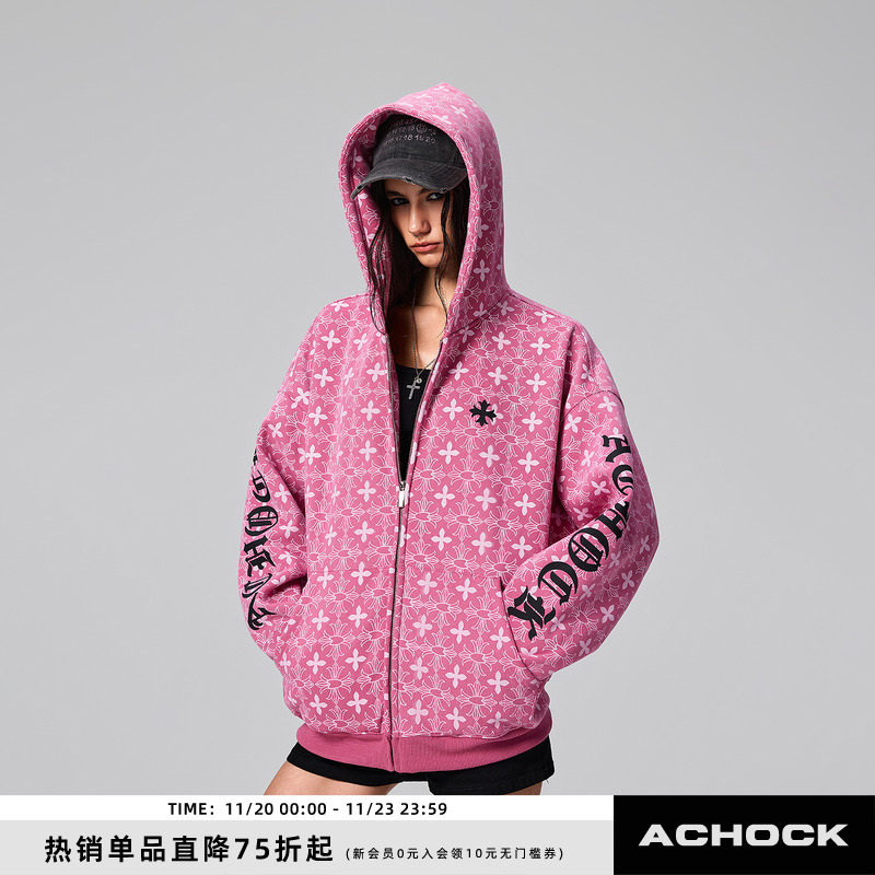 【Achock官方店】街头复古哥特字满印重工外套美式百搭连帽卫衣男