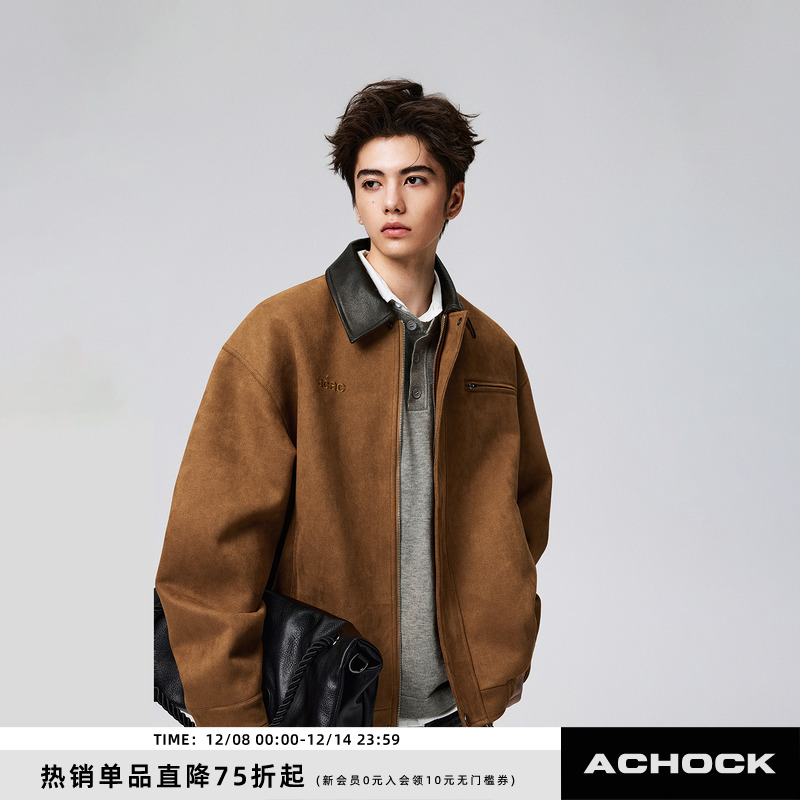 【Achock官方店】重磅巴恩风刺绣翻领夹克秋冬美式麂皮复古外套男