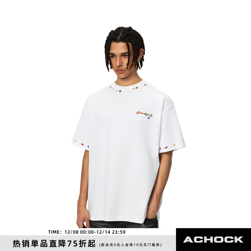 【Achock官方店】国风彩绣logo短袖T恤男女新款潮牌高街情侣上衣