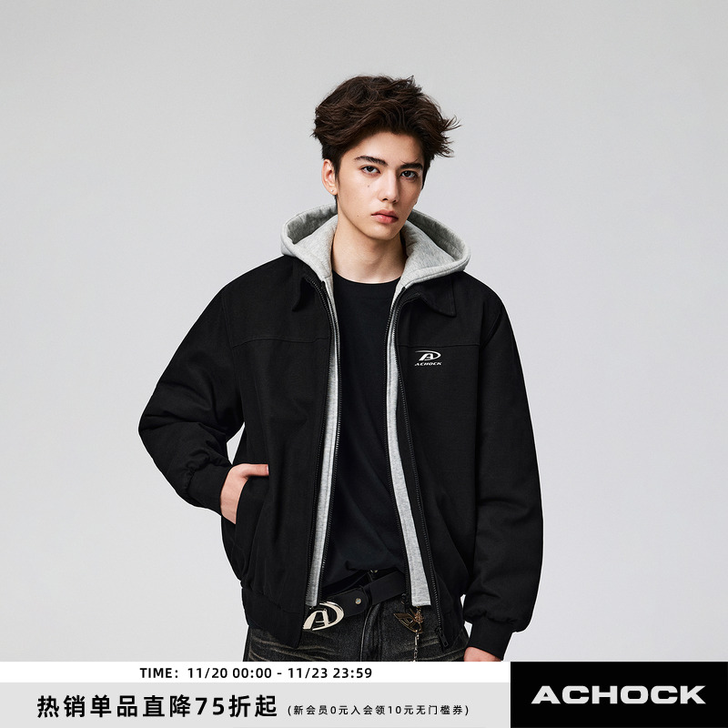 【Achock官方店】acac系列撞色假两件秋冬棉服外套高街连帽卫衣男