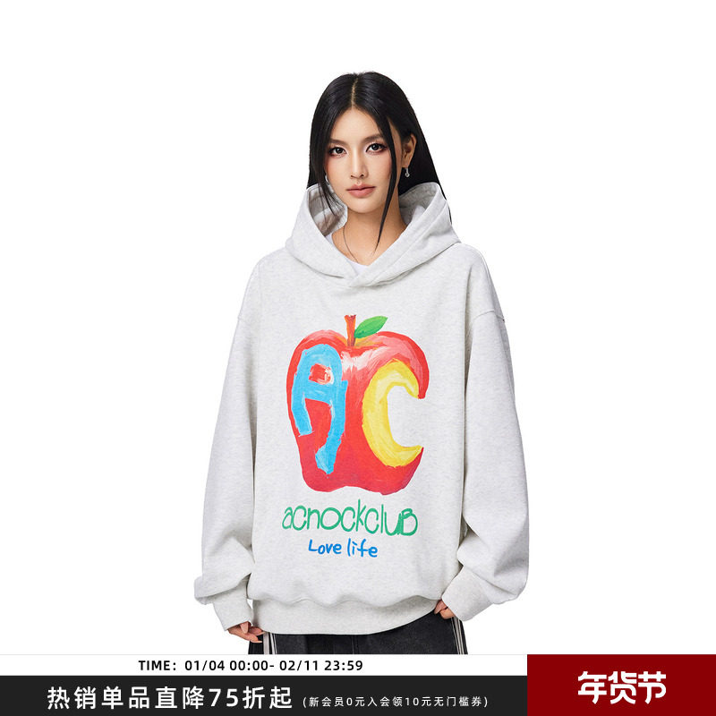【Achock官方店】嘻哈抽象苹果字母图案印花外套潮牌新款连帽卫衣,男装,卫衣,淘宝优惠券,粉丝福利购,淘宝优惠卷
