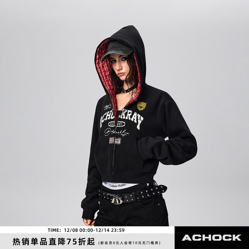 【Achock官方店】美式复古做旧标语印花连帽卫衣辣妹修身拼格外套