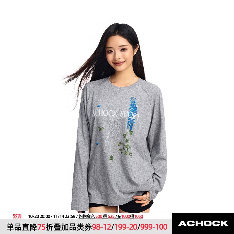 【Achock官方店】美式街头植物花卉长袖罩衫潮牌新款圆领上衣T恤