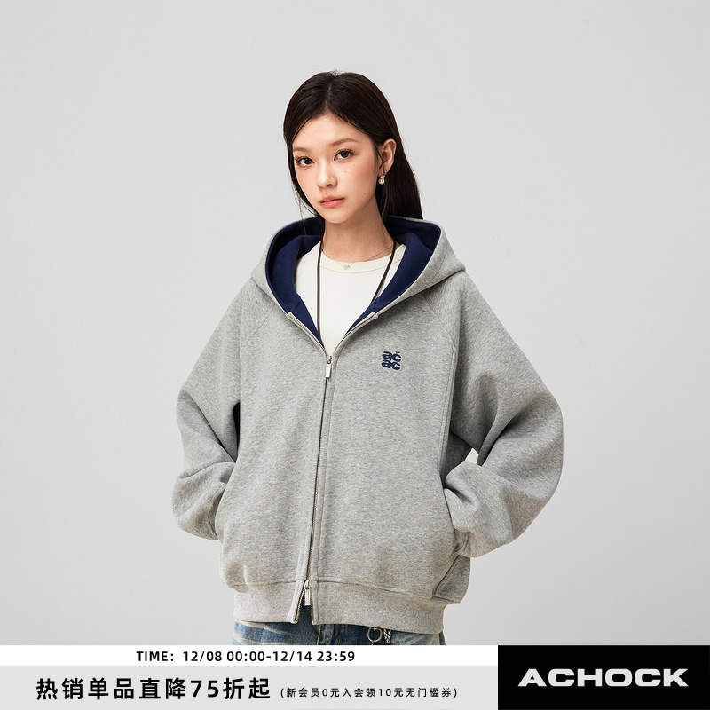 【Achock官方店】空气层拼色简约基础款双拉链外套百搭连帽卫衣男