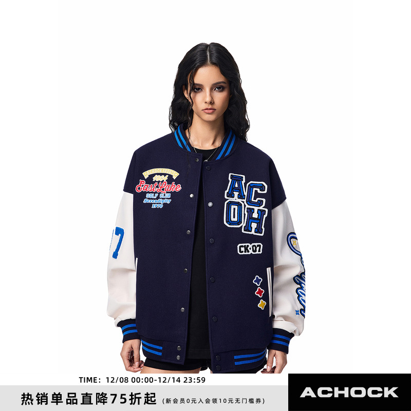 【Achock官方店】潮牌重磅棒球服拼接字母毛巾绣外套美式街头夹克
