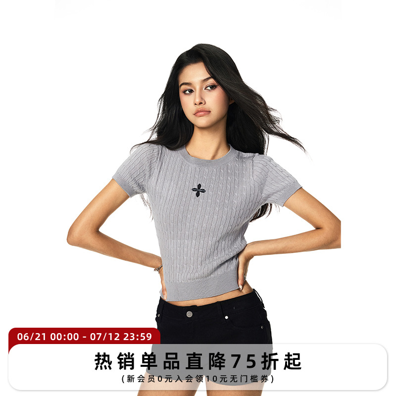 基础款简约纯色辣妹针织短袖