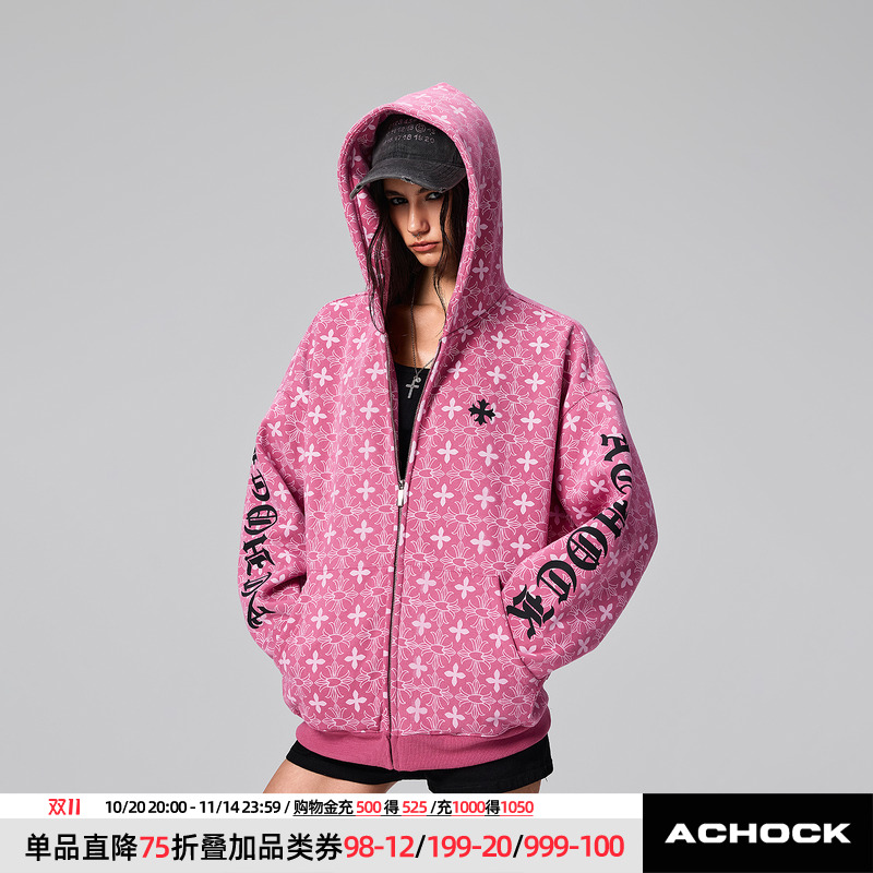 【Achock官方店】街头复古哥特字满印重工外套美式百搭连帽卫衣男