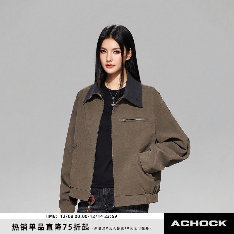 【Achock官方店】美式高街纯色拼接工装夹克潮牌重磅新款翻领外套