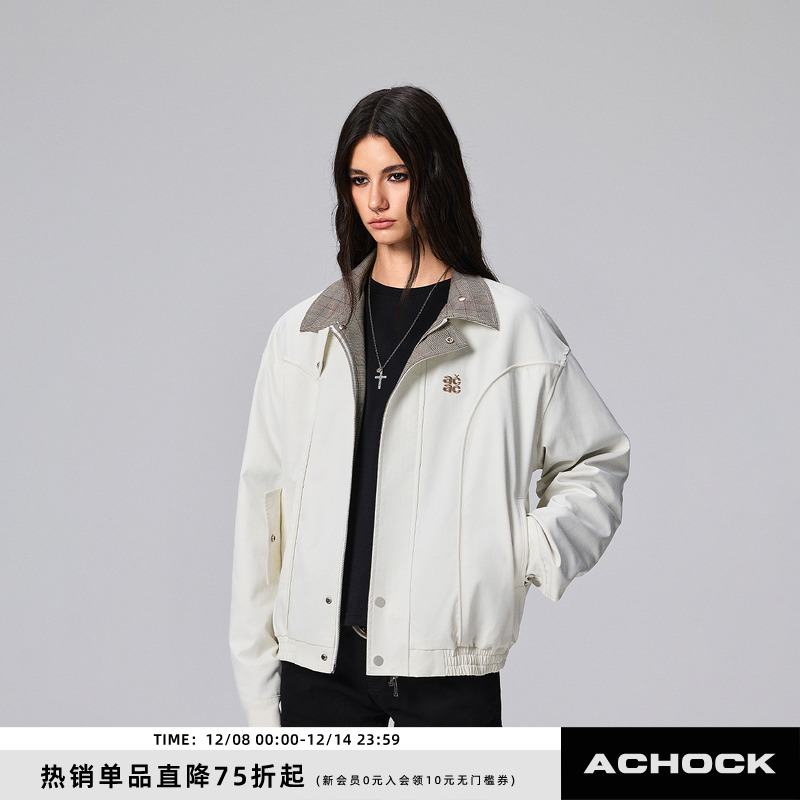 【Achock官方店】翻领巴恩风解构外套千鸟格撞色夹克痞帅老钱风男