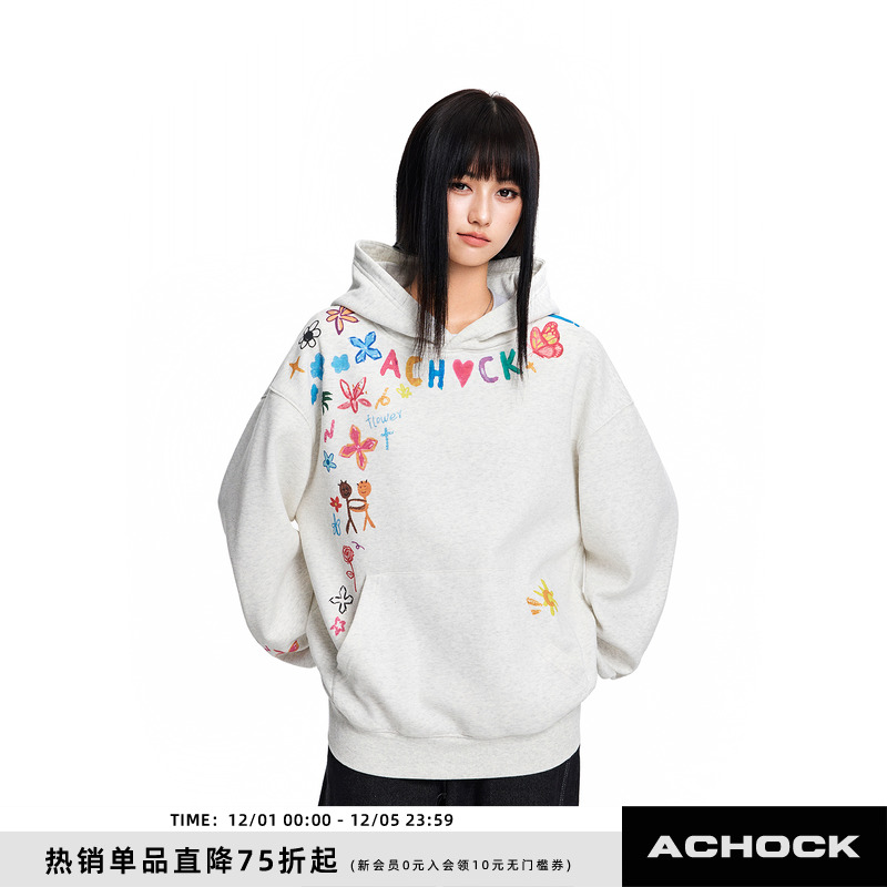 【Achock官方店】潮牌创意卡通涂鸦印花帽衫外套美式高街连帽卫衣