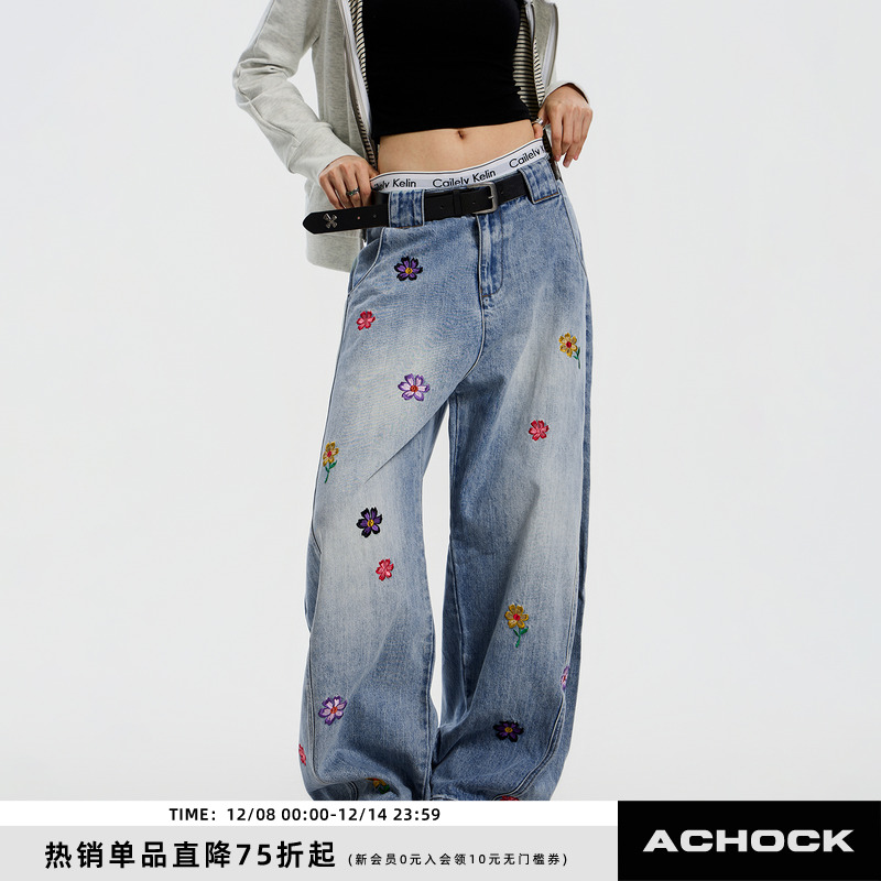 【Achock官方店】重磅花朵刺绣直筒长裤复古街头宽松情侣牛仔裤男