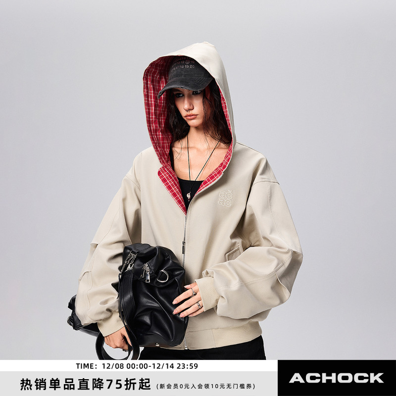 【Achock官方店】格子拼接miu系夹克连帽防风解构短款外套潮牌