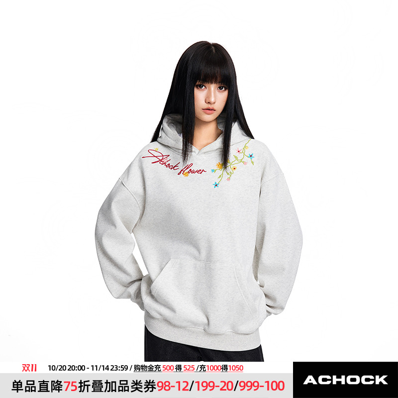 【Achock官方店】美式嘻哈花卉刺绣连帽卫衣潮牌新款情侣上衣外套