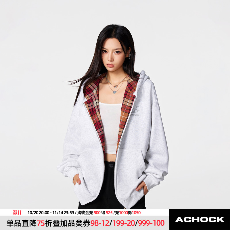 【Achock官方店】logo刺绣美式连帽卫衣男女潮牌高街秋冬新款开衫