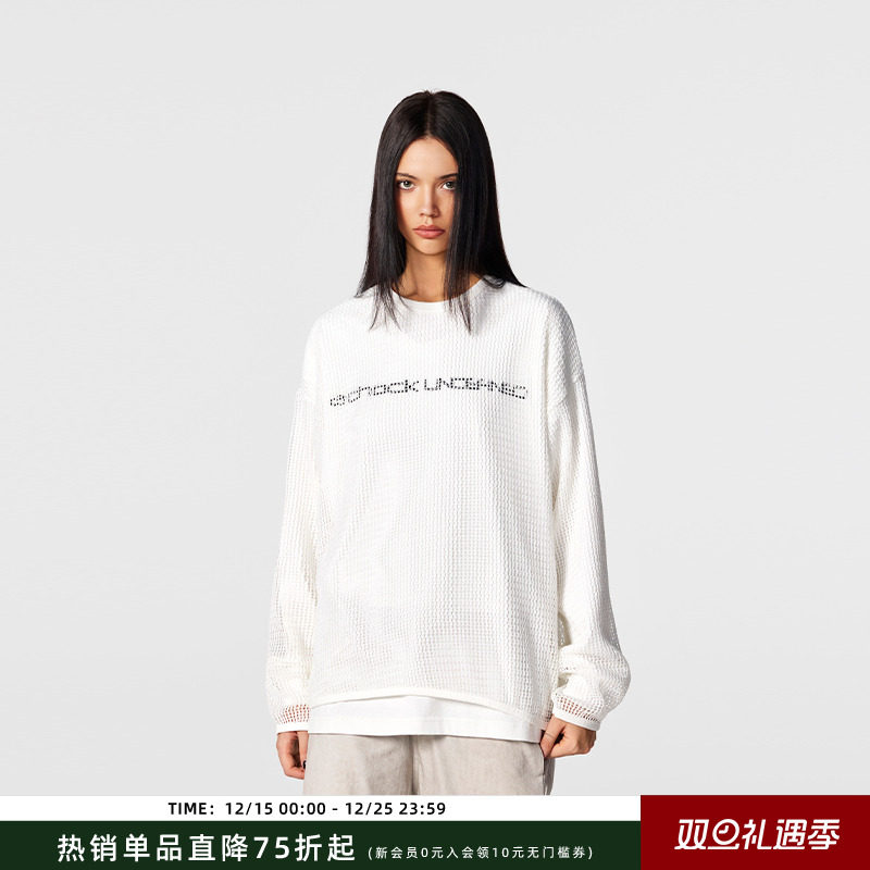 【Achock官方店】潮牌假两件重工镂空印花长袖t恤男重磅圆领上衣