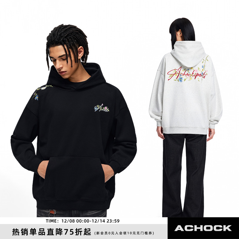 【Achock官方店】潮牌高街花体刺绣logo连帽卫衣美式宽松情侣外套
