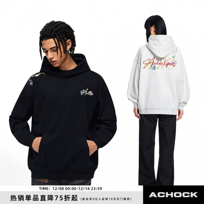 【Achock官方店】潮牌高街花体刺绣logo连帽卫衣美式宽松情侣外套