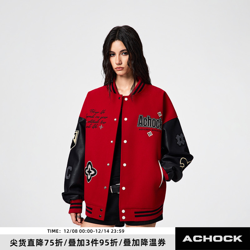 【Achock官方店】潮牌重磅撞色pu皮拼接外套美式街头秋冬复古夹克