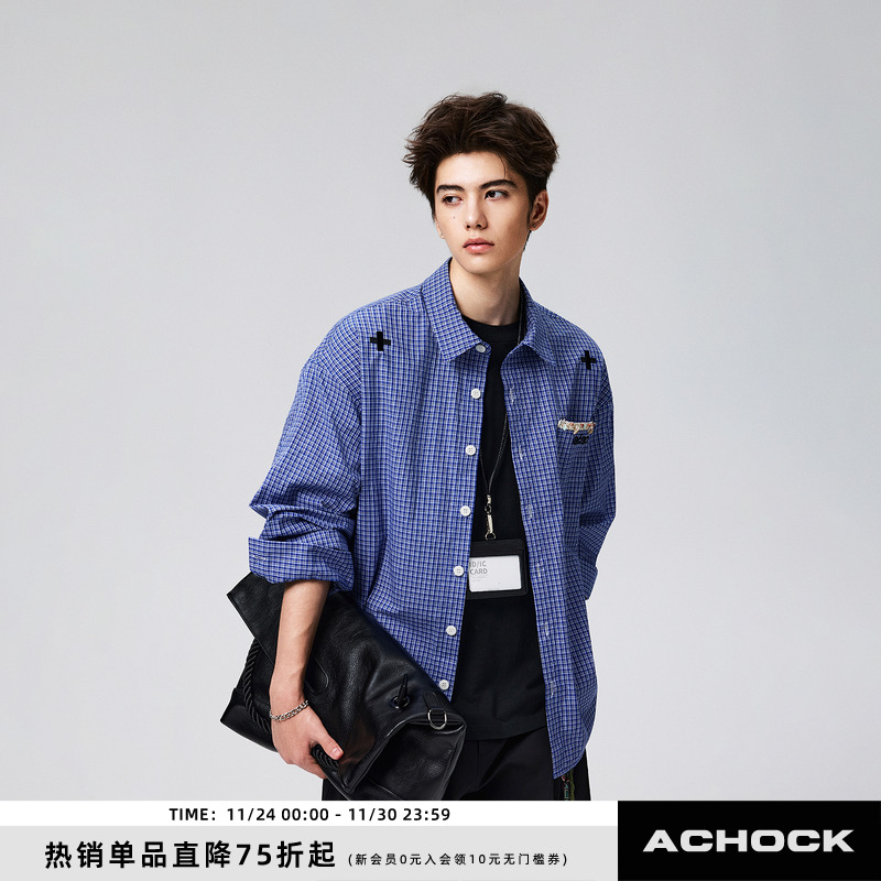 【Achock官方店】老钱风蓝色格子衬衣外套刺绣翻领百搭内搭衬衫男