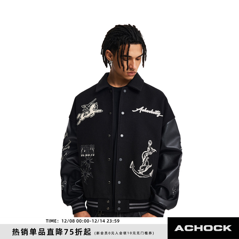【Achock官方店】美式翻领重磅刺绣夹克春秋机车风潮牌棒球服外套