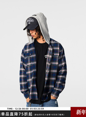 【Achock官方店】街头撞色蓝色格纹连帽长袖衬衫美式复古休闲外套