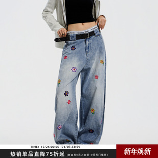 复古街头宽松情侣牛仔裤 重磅花朵刺绣直筒长裤 男 Achock官方店