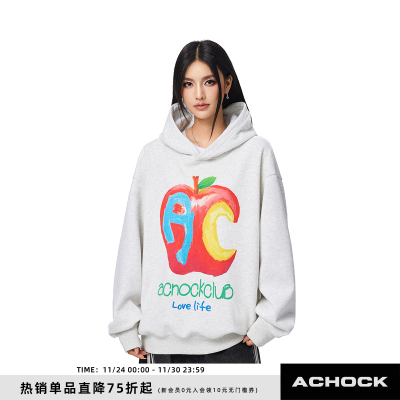 【Achock官方店】嘻哈抽象苹果字母图案印花外套潮牌新款连帽卫衣