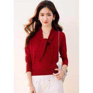 2026冬季新款法式温柔风系带领红色毛衣女气质宽松长袖打底衫上衣
