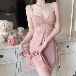 蜜糖少女*性感蕾丝带胸垫吊带睡衣女冰丝睡袍两件套高级感家居服