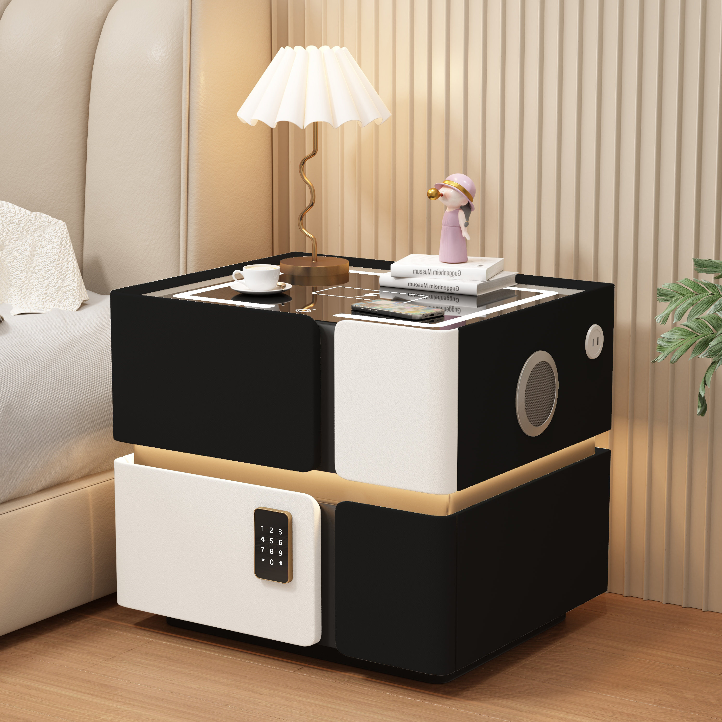 智能床头柜轻奢高级新款带锁实木家用卧室现代简约拼色置物床边柜