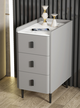 岩板全实木床头柜简约现代三抽家用卧室小型轻奢储物柜夹缝窄边柜