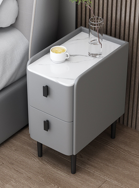 岩板实木床头柜家用小户型迷你窄柜简约现代皮革床边柜轻奢收纳柜