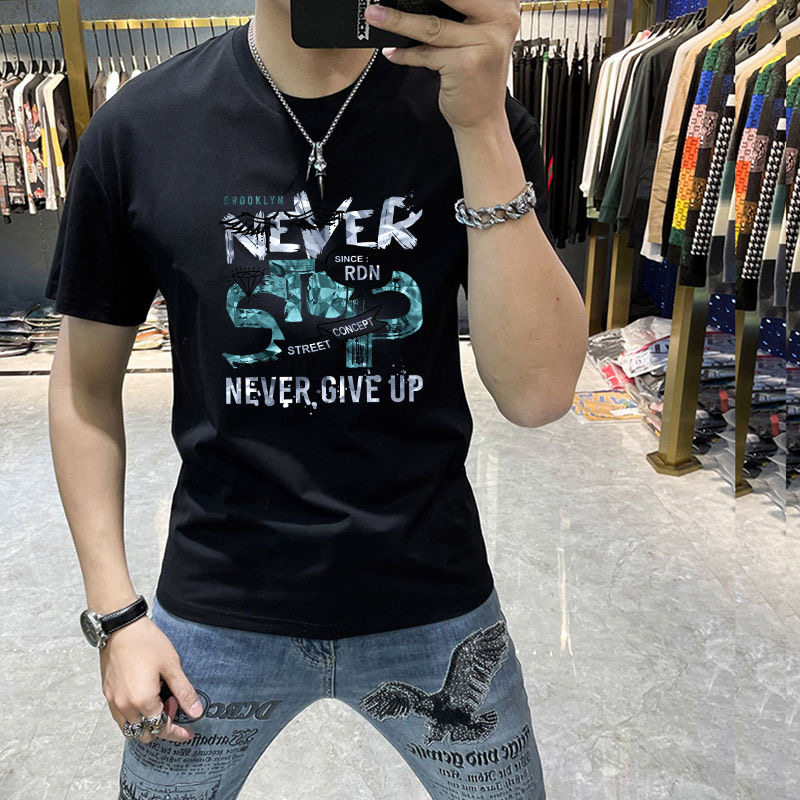 夏季男装t恤修身百搭时尚潮流半袖圆领ins风印花显瘦帅气上衣