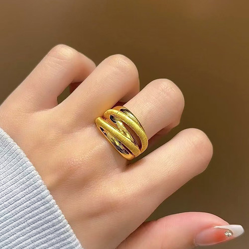 999足金拉丝三环戒指新款