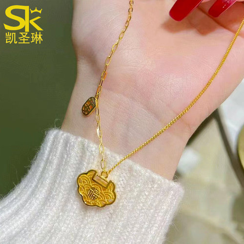 5G黄金平安福锁花丝项链女款